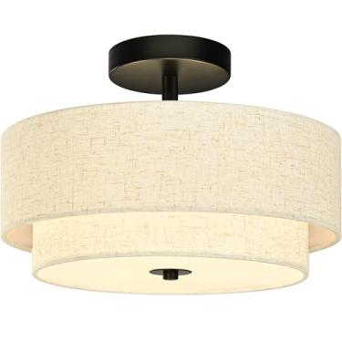 Imagem de Luminária de teto com 2 luzes semiembutidas, luminária de teto de tambor preto moderno de 12,6 polegadas com persiana de tecido de 2 camadas regulável perto da luz de teto para sala de estar, corredor