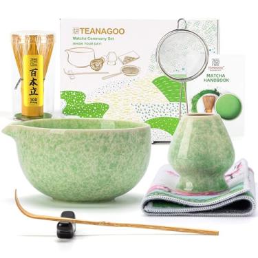 Imagem de TEANAGOO Conjunto de batedor Matcha, conjunto de 7 peças Matcha verde, kit de cerimônia matcha, conjunto de chá matcha para fazer latte, tigela de cerâmica (chawan) com bico e batedeiro, presente para