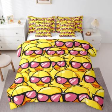 Imagem de Erosebridal Jogo de cama infantil com desenho de 7 peças, fofo, óculos rosa, pato, para meninos, homens, rosa e amarelo, em uma bolsa, animais fofos, colcha com lençol de cima