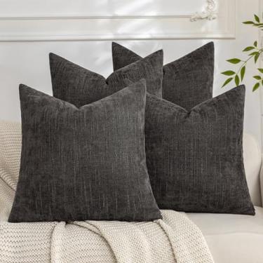Imagem de Cozoomy Conjunto de 4 capas de almofada decorativas macias texturizadas 50 x 50 cm capa de almofada aconchegante fazenda com detalhes quadrados para cama, sofá, sala de estar, cinza escuro