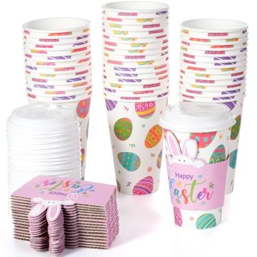 Imagem de Conjunto de 50 copos de Páscoa de 473 ml com tampas e mangas, copo de papel descartável a granel ovos coloridos fofos copos de papel para decorações e suprimentos de festa de primavera de Páscoa