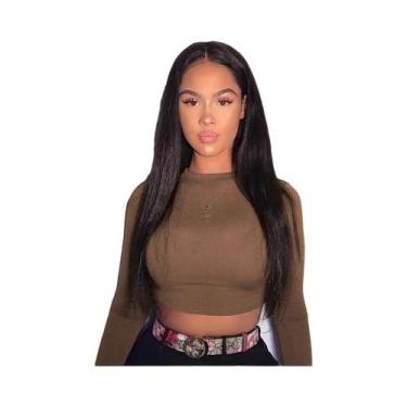 Imagem de Camiseta Cropped Feminina De Manga Longa Preta E Branca Casual Básica 