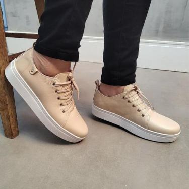 Imagem de Tênis Casual Feminino Em Couro Legítimo Parvas Flat, Bege, 36