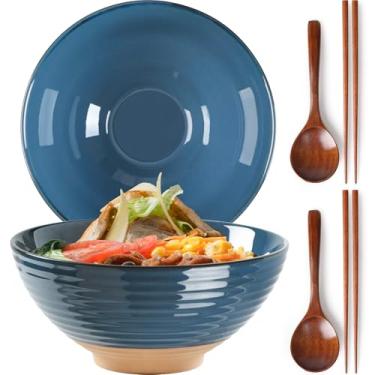 Imagem de NUTRIUPS Conjunto de 2 tigelas de cerâmica para ramen com colheres e pauzinhos, tigelas grandes de sopa de 1,134 g para Udon, Miso, macarrão (oceano e terra)