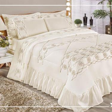 Imagem de Kit Cobre Leito Elegância Casal Super King 03 Peças Bordado - Palha - 