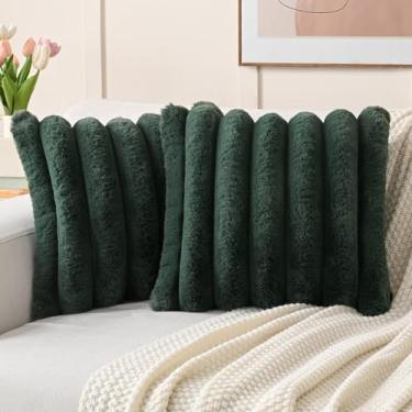 Imagem de HAUSSY Capas de almofada de pele sintética 55 x 55 cm, conjunto de 2, fronhas decorativas listradas neutras e macias, decoração de casa para sofá, cama, sala de estar, verde escuro