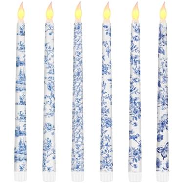 Imagem de 12 velas chinoiserie sem chamas de 27 cm, velas cônicas florais azuis e brancas, para decoração de vela para mesa de casamento, centro de mesa, jardim, casa, festa, suprimentos (laço rosa, 12)