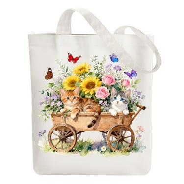 Imagem de ANATTASOUL Sacola de lona para gatos e carrinhos, bolsa de algodão reutilizável para mulheres, bolsas de ombro de tecido durável com bolsos com zíper para compras, férias, trabalho, academia