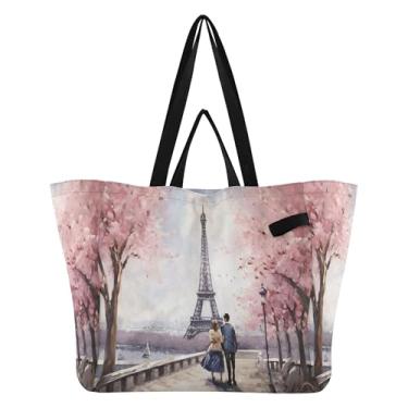 Imagem de SEHANY Sacola de compras reutilizável da Torre Eiffel de Paris com alças reforçadas, bolsa de compras de lona dobrável à prova d'água de grande capacidade para viagem, cozinha, praia