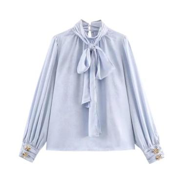 Imagem de Camisa Feminina De Outono Inverno Em Jacquard De Seda Satin Com Laço E