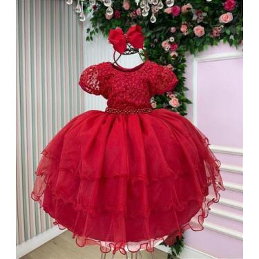 Imagem de Vestido Infantil Festa Luxo Babados Vermelho Lavínia - Tecido Misto co