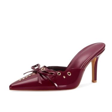 Imagem de DOEYG Sandálias femininas de salto alto fino com laço e salto agulha sem cadarço, vestido de festa, casamento, salto cravejado, Borgonha, 37