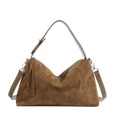 Imagem de Ansseng Bolsa feminina de camurça de couro legítimo, bolsa tiracolo de camurça despojada, bolsa de mão, Marrom, Bolsa de mão de camurça com alça superior