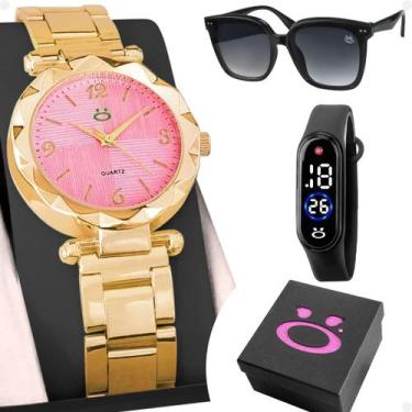 Imagem de relogio rosa feminino + oculos + bracelete digital garantia inoxidável