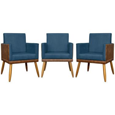 Imagem de Kit 3 Poltronas Decorativas Lis Corino e Pé Palito - Azul-marinho Suede Corino