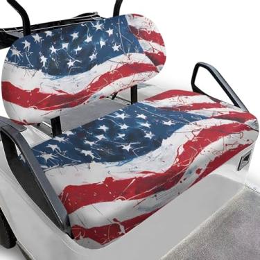 Imagem de Liuqpwys Capa de banco traseiro de carrinho de golfe com bandeira americana para assentos de 2 pessoas antiderrapante acessórios de carro de taco de golfe fácil de instalar mantém o assento