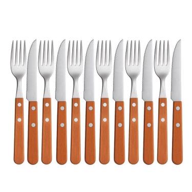 Imagem de Jogo 6 Garfos E 6 Facas Cabo De Madeira Churrasco Astana 20cm Em Casa Tem