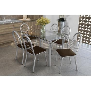 Imagem de Conjunto: Mesa Sala Jantar Elba C/ Tampo Vidro 120cm + 6 Cadeiras Holanda Cromado/courano Marrom