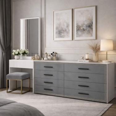 Imagem de Cômoda Penteadeira 8 Gavetas Valência Cinza/Branco
