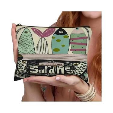 Imagem de Bolsa De Maquiagem Com Estampa Vibrante De Sardinhas, Leve E Dobrável,