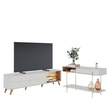 Imagem de Rack Bancada Amalfi Com Pés Em Madeira E Aparador Para Sala Sena Off White Matte Freijó - Colibri