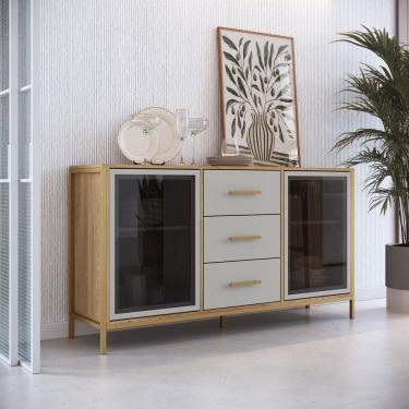 Imagem de Balcão Buffet 150cm com 2 Portas de Vidro e 3 Gavetas Duo Oak/Arena/Preto