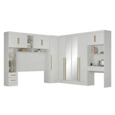 Imagem de Guarda-roupa Modulado 4 Peças 11 Portas com Espelho, Cabeceira até 158cm e Escrivaninha Branco