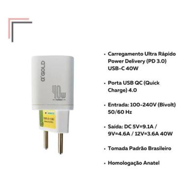 Imagem de Adaptador de Tomada 40W USB-C Branco  Carregamento Ultra Rápido - ESB