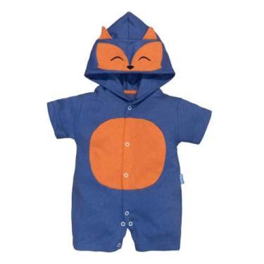 Imagem de Macacão de Bebê Curto Com Capuz Bichinho Bordado Raposa Azul - Era Uma
