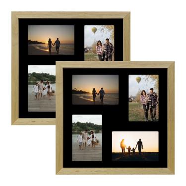 Imagem de Kit 2 Porta Retrato Parede 32x32 Quadro Multifotos 4 Fotos 10x15 Paspatur Preto Moldura:moldura Mel