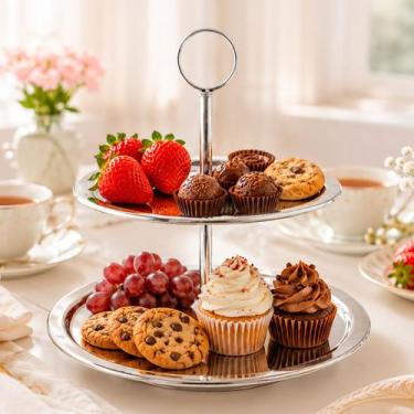Imagem de Suporte Porta Doces 2 Andares Prateado Para Mesa Posta Festa - DOLCE H