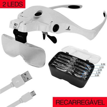 Imagem de Lupa Cabeça Óculos Ajustável 2 Leds Recarregável 5 Lentes Profissional Lorben