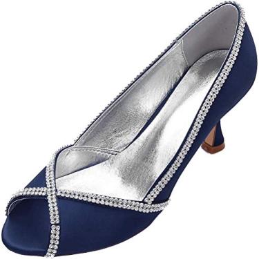 Imagem de Vestido feminino Peep Toe strass salto gatinha sapatos de noiva slip on pump festa noite, Sblue, 9.5