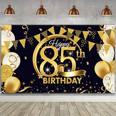 Imagem de Pôster de sinal de ouro preto com tecido extra grande para decoração de festa de aniversário banner de fundo de cabine de fotos de aniversário, suprimentos para festa de aniversário, 188 x 119 cm (85 anos)