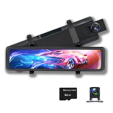 Imagem de Gravador de vídeo de espelho retrovisor de carro 4K, 3840*2160p super hd, gravação de ciclo de visão noturna, wifi view dvr, lente dupla frontal e traseira (cartão de 64 gb incluído)