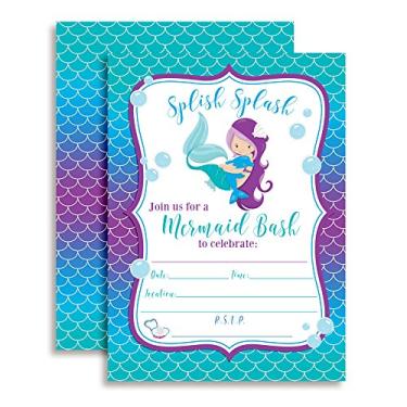 Imagem de Convites de festa de aniversário de sereia mágica para meninas, 20 cartões de preenchimento de 12,7 cm x 17,7 cm com vinte envelopes brancos por AmandaCreation, sereia com pele clara