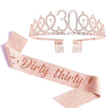 Imagem de Conjunto de tiara com faixa e strass da "Dirty Thirty" - faixa de aniversário de 30 anos presente de ouro rosa com purpurina faixa de aniversário para mulheres brindes de festa de aniversário