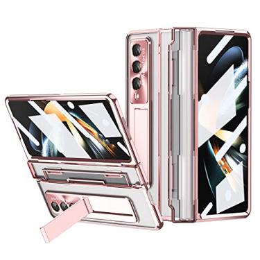 Imagem de Para Galaxy Z Fold 4 HD Clear Plating Stand para Samsung Galaxy Z Fold 4 3 Leveling Hinge Case com película de vidro frontal, rosa, para Galaxy Z Fold 4