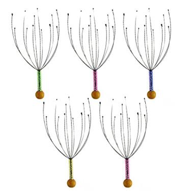 Imagem de Massageador de couro cabeludo da Rosenice, 5 peças, feito à mão, massageador de cabeça com cabeça de arame de aço, com alça de madeira para alívio e relaxamento do spa em casa