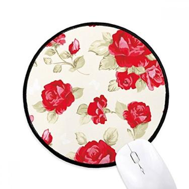 Imagem de Mousepads redondos antiderrapantes para desenho de plantas de desenho vermelho rosa com bordas costuradas para presente de escritório