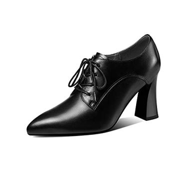 Imagem de TinaCus Sapato Oxford feminino de couro genuíno feito à mão com bico fino e salto carretel com cadarço moderno, Preto, 10.5