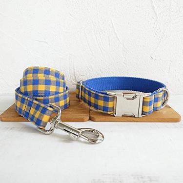 Imagem de Conjunto de coleira para cães xadrez azul e amarelo, coleira de nylon para animais de estimação, adequada para cães pequenos, médios e grandes