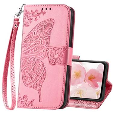 Imagem de Capa de celular projetada para Galaxy A14 5G, capa feminina flip com porta-cartões de crédito borboleta em relevo couro PU suporte alça de pulso para Samsung A14 5G 6,6 polegadas (rosa)