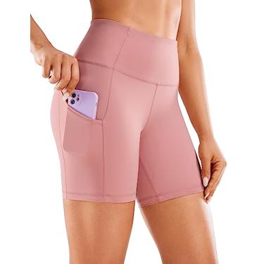 Imagem de CRZ YOGA Shorts de corrida femininos com sensação de leveza 6 "- Shorts de compressão para ciclistas de ginástica de cintura alta com bolsos Puff Rosa P