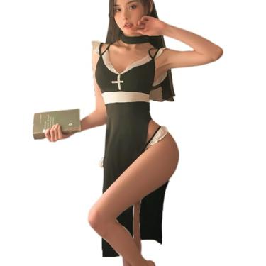 Imagem de Temptshow Roupa íntima feminina cosplay freira maliciosa anime empregada vestido sexy fenda alta, Preto 2, One Size