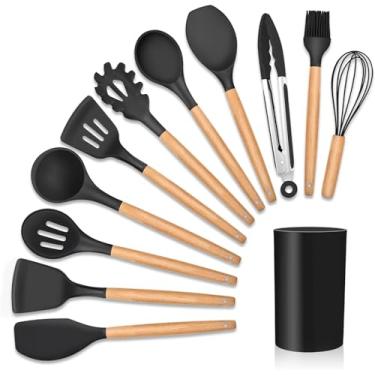 Imagem de Kit de Utensílios Para Cozinha 12 Peças, de Silicone e Cabo de Madeira, Antiaderente, Possui Espátulas, Colheres, Pegadores, Fouet, Pincel e Suporte - Marca: Amoreja (Preto)