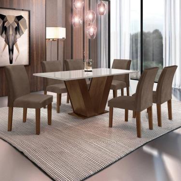 Imagem de Conjunto Sala de Jantar 1 Mesa 160x80cm Tampo MDF/Vidro 6 Cadeiras Espanha Yescasa Chocolate/Off White/Marrom