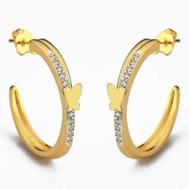 Imagem de Brinco Argola Cravejada Zircônias Borboleta Banhada A Ouro 18k