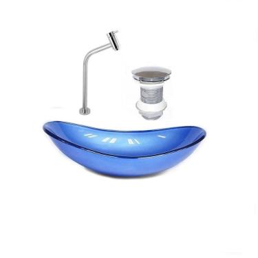 Imagem de Kit Cuba de Vidro + Torneira+ Válvula para Lavatório Oval 38cm Azul Escuro
