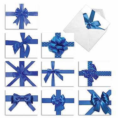 Imagem de 10 cartões sortidos "Beribboned In Blue" em caixa (mini 10 x 13 cm) com envelopes – com presentes de fita azul e cores de feriado judaicas – Saudações de estações para crianças e adultos M1768HK